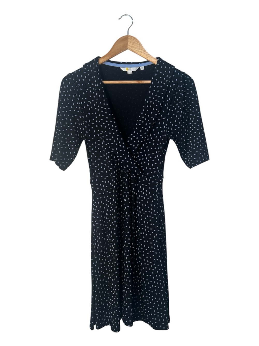 Boden Black Gray Polka Dot Faux Wrap Dress Women’s US 4R Fit & Flare Stretch